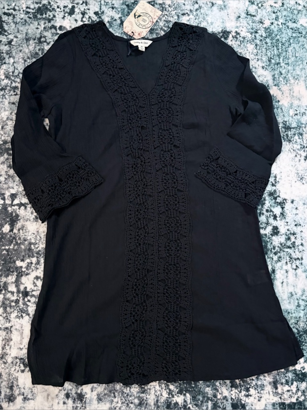 Lucky & Coco Black V-Neck Crochet Trim swimwear cover up tunic M